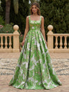 Satin Jacquard A-Line Square Neck Pleated Evening Dresses