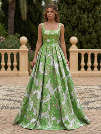 Satin Jacquard A-Line Square Neck Pleated Evening Dresses