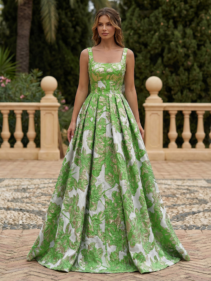 Satin Jacquard A-Line Square Neck Pleated Evening Dresses