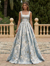 Satin Jacquard A-Line Square Neck Pleated Evening Dresses