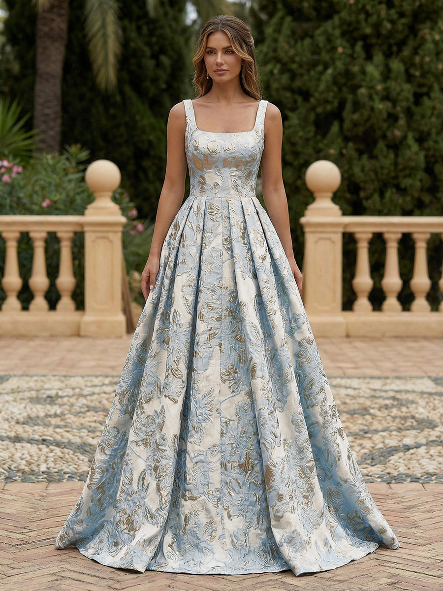 Satin Jacquard A-Line Square Neck Pleated Evening Dresses