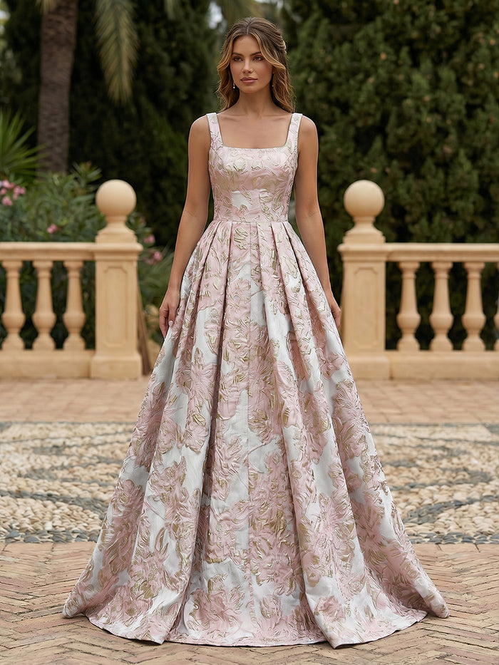 Satin Jacquard A-Line Square Neck Pleated Evening Dresses