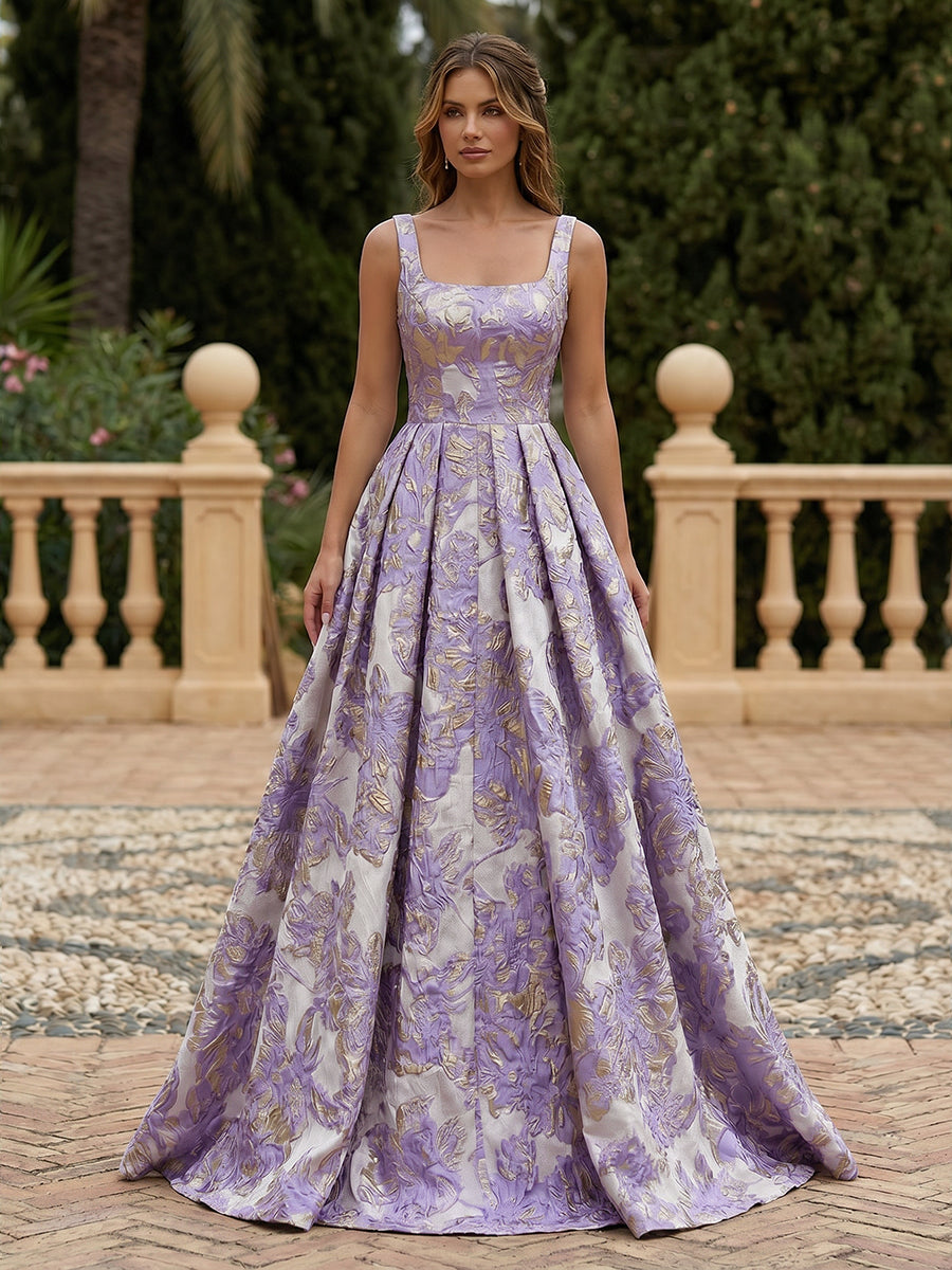 Satin Jacquard A-Line Square Neck Pleated Evening Dresses