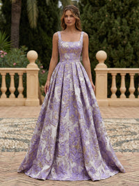 Satin Jacquard A-Line Square Neck Pleated Evening Dresses