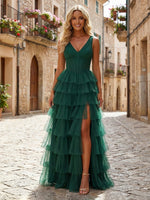 Tulle A-Line V Neck Tiered Evening Dresses