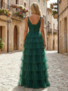 Tulle A-Line V Neck Tiered Evening Dresses