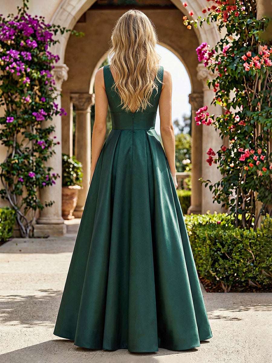 Satin A-Line V Neck Pleated Formal Dresses