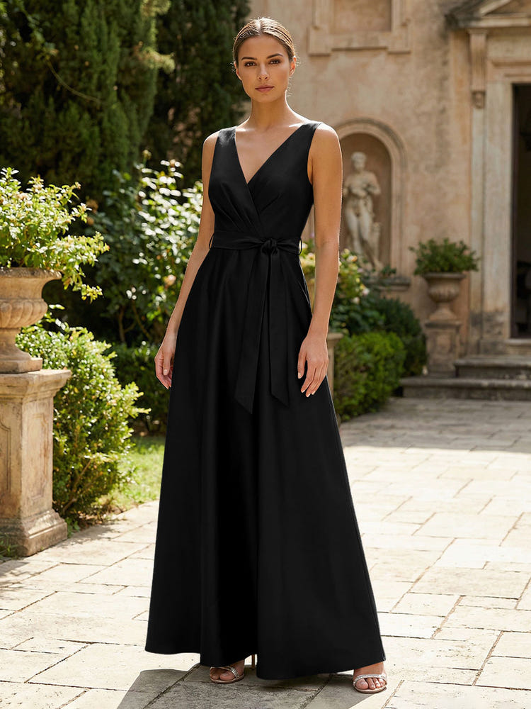 Satin A-Line V Neck Pleated Mother of the Bride Dresses
