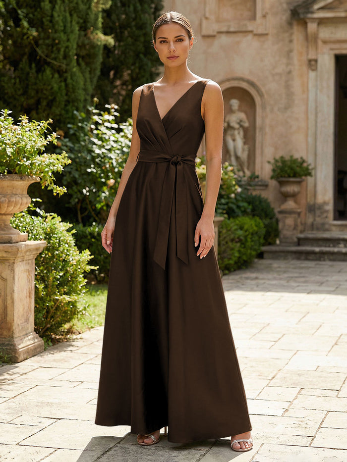 Satin A-Line V Neck Pleated Mother of the Bride Dresses