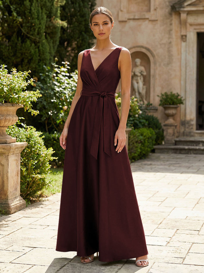 Satin A-Line V Neck Pleated Mother of the Bride Dresses