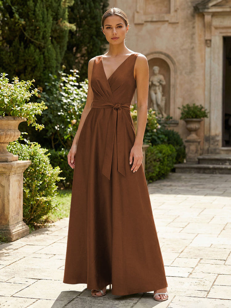 Satin A-Line V Neck Pleated Mother of the Bride Dresses