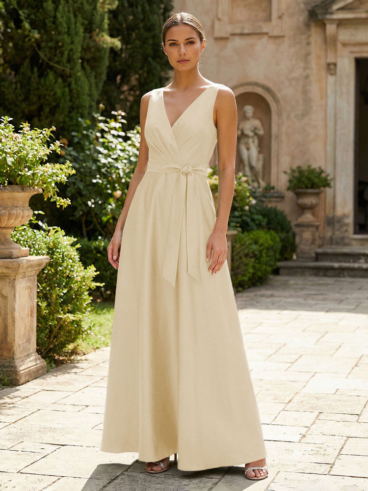 Satin A-Line V Neck Pleated Mother of the Bride Dresses