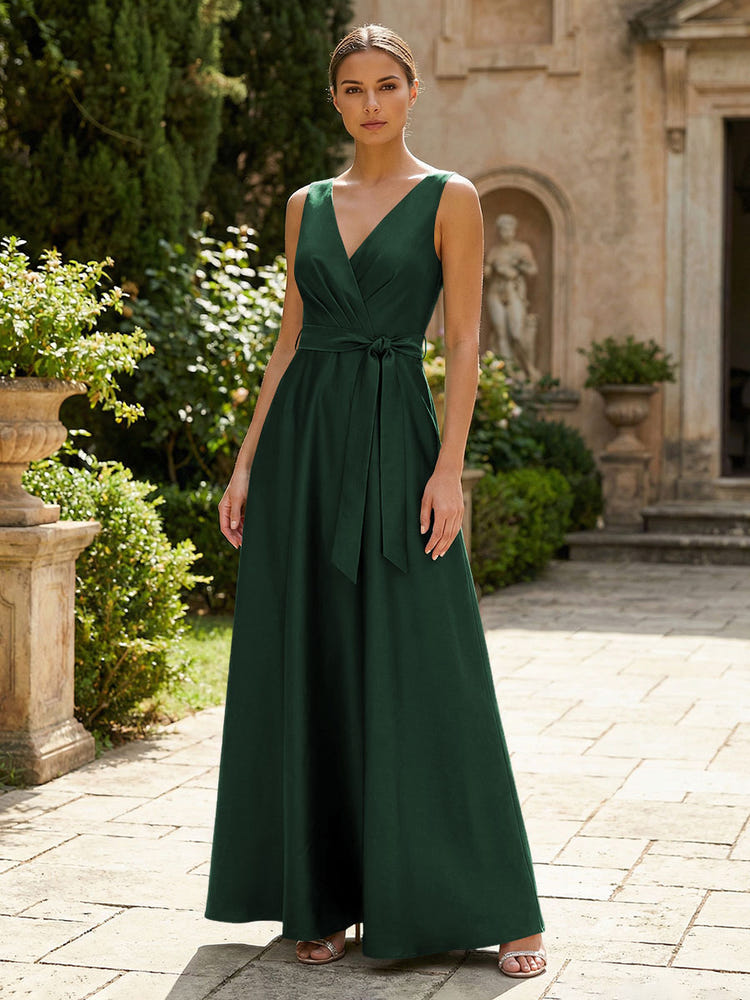 Satin A-Line V Neck Pleated Mother of the Bride Dresses