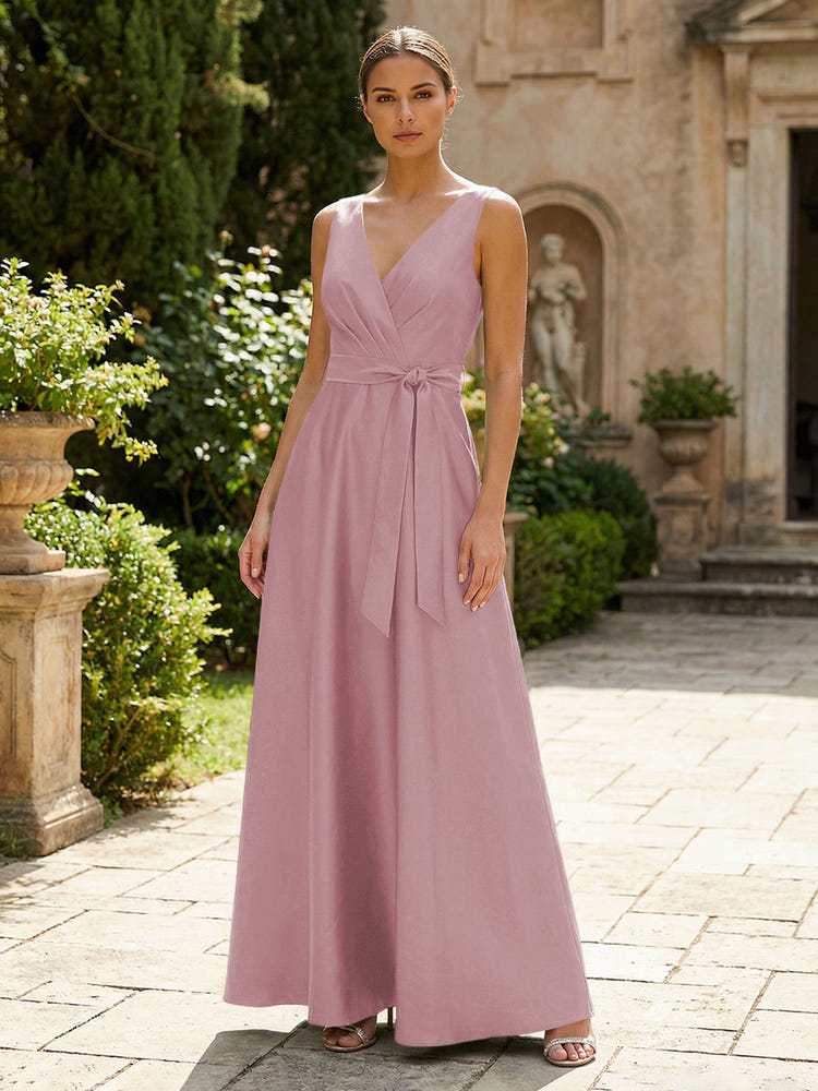 Satin A-Line V Neck Pleated Mother of the Bride Dresses