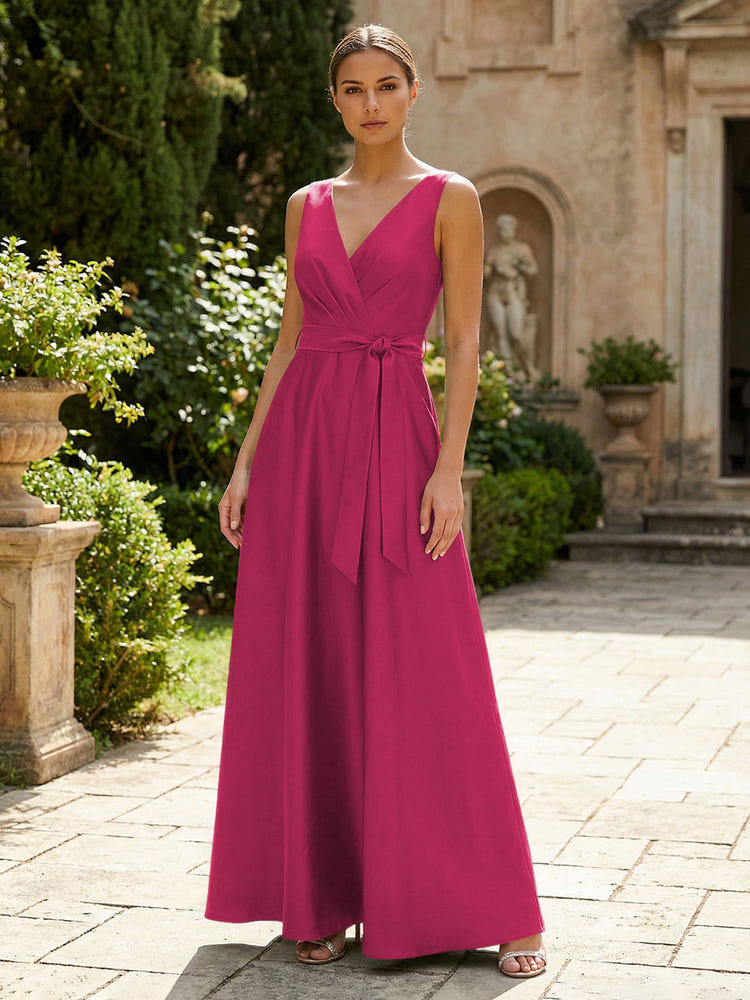Satin A-Line V Neck Pleated Mother of the Bride Dresses