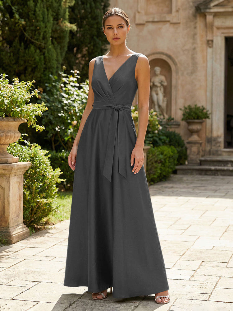Satin A-Line V Neck Pleated Mother of the Bride Dresses