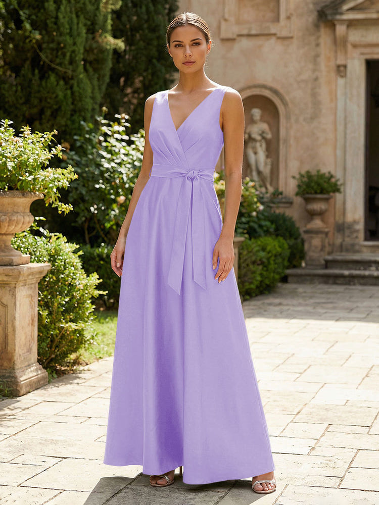 Satin A-Line V Neck Pleated Mother of the Bride Dresses