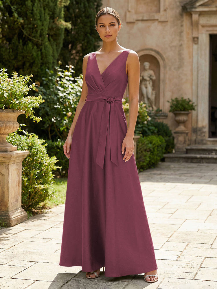 Satin A-Line V Neck Pleated Mother of the Bride Dresses