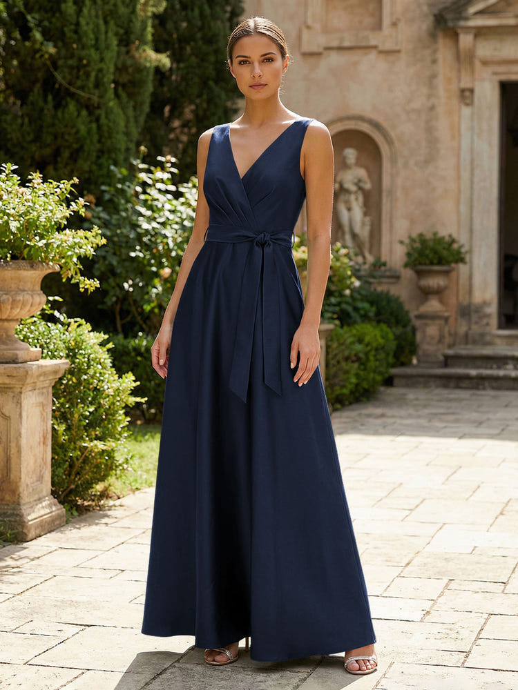 Satin A-Line V Neck Pleated Mother of the Bride Dresses