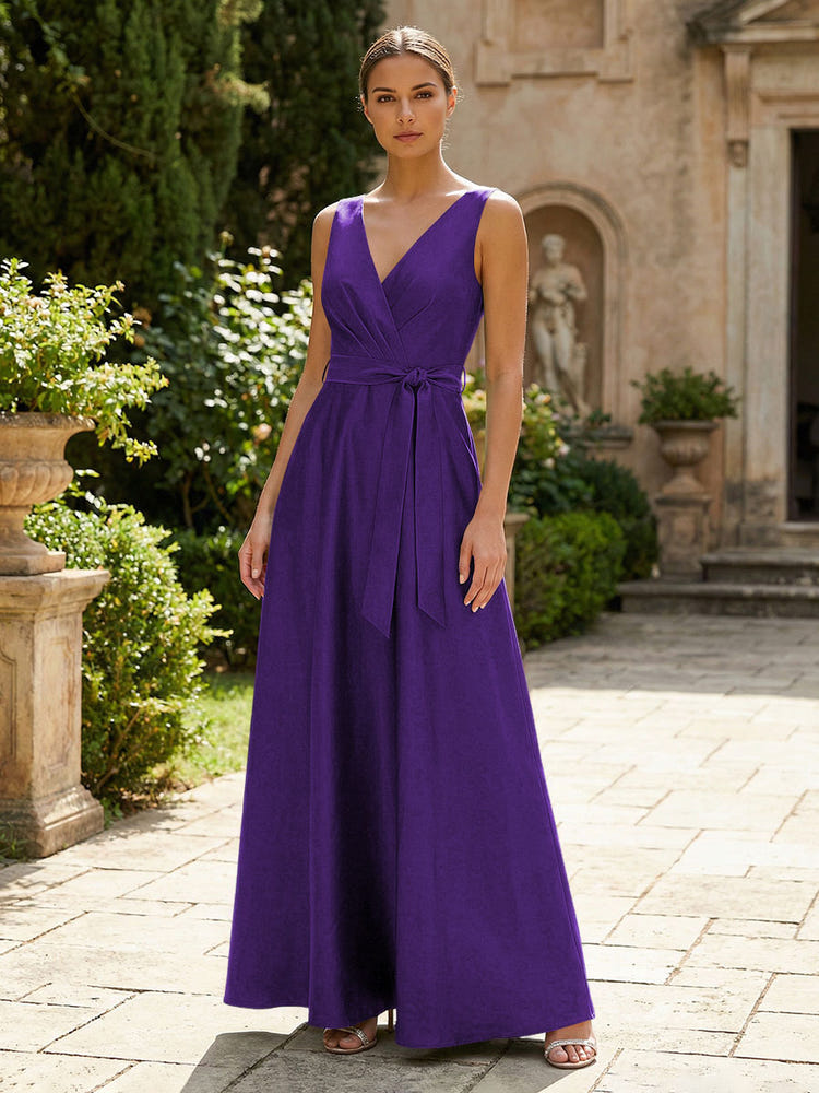 Satin A-Line V Neck Pleated Mother of the Bride Dresses