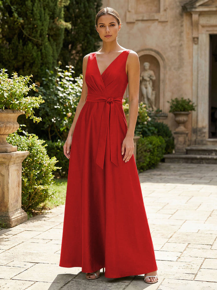 Satin A-Line V Neck Pleated Mother of the Bride Dresses