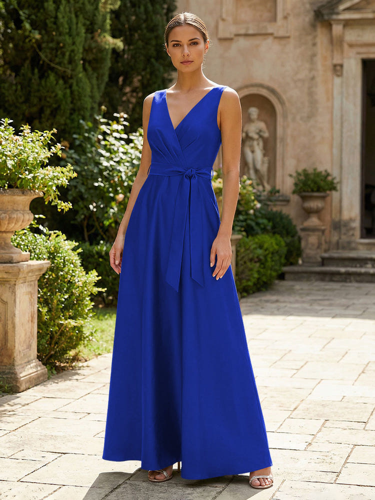 Satin A-Line V Neck Pleated Mother of the Bride Dresses