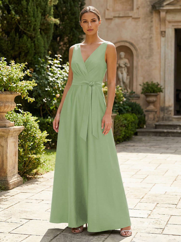 Satin A-Line V Neck Pleated Mother of the Bride Dresses