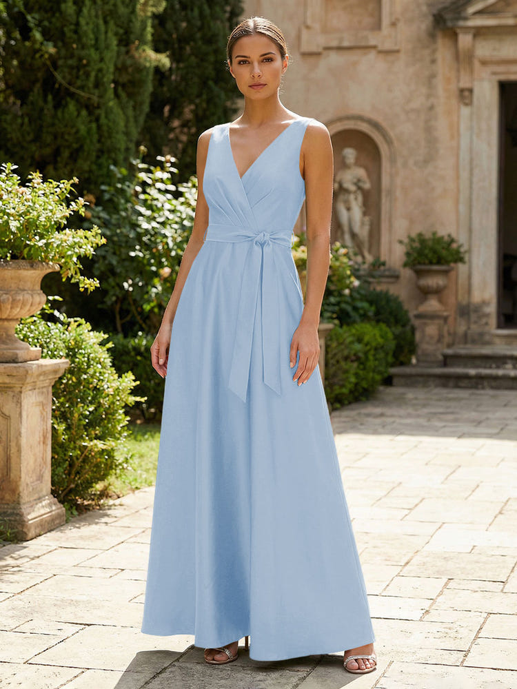 Satin A-Line V Neck Pleated Mother of the Bride Dresses