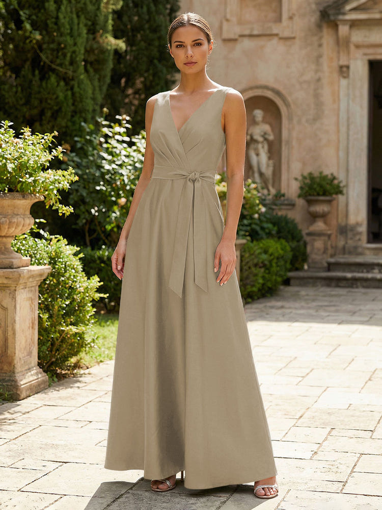 Satin A-Line V Neck Pleated Mother of the Bride Dresses