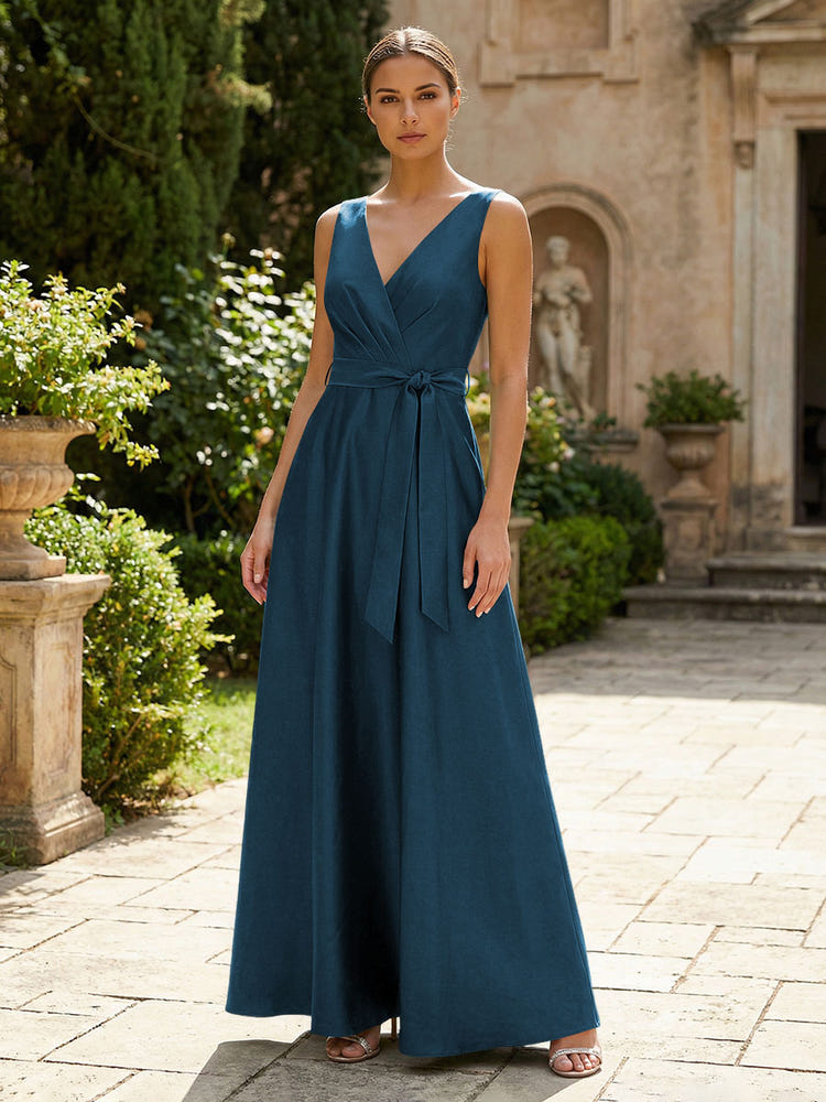 Satin A-Line V Neck Pleated Mother of the Bride Dresses