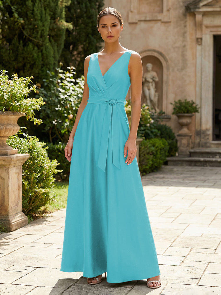 Satin A-Line V Neck Pleated Mother of the Bride Dresses