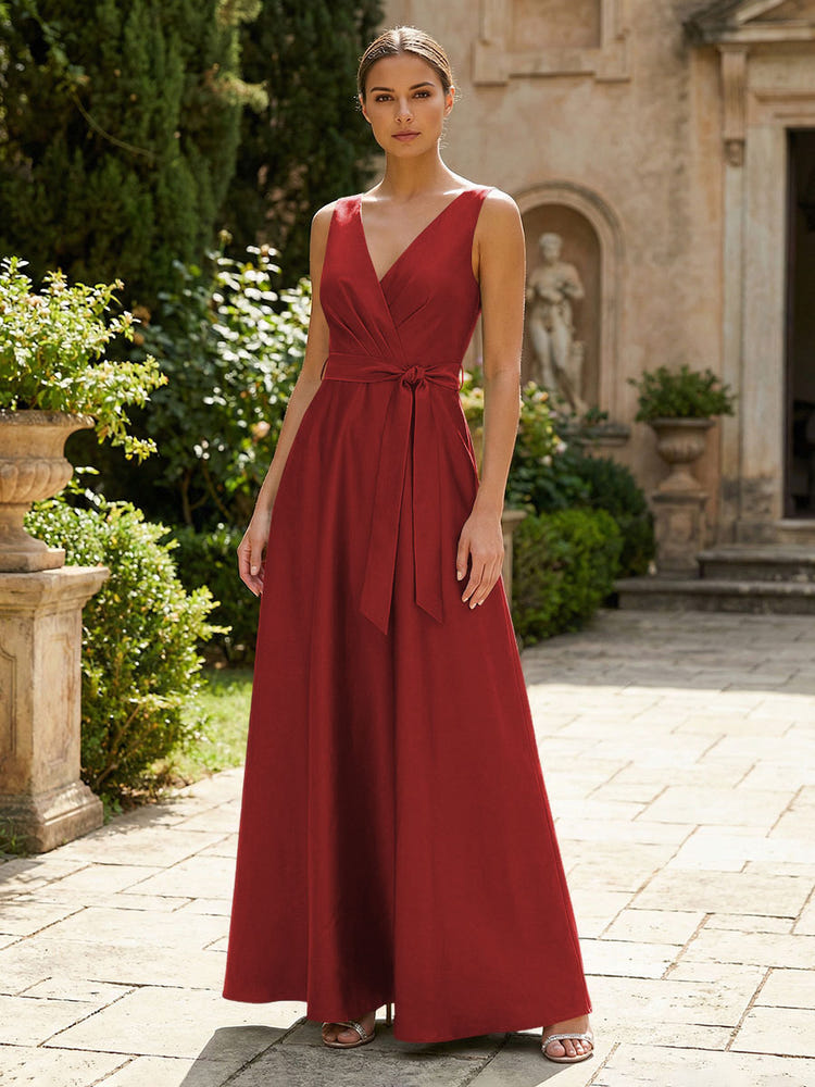 Satin A-Line V Neck Pleated Mother of the Bride Dresses