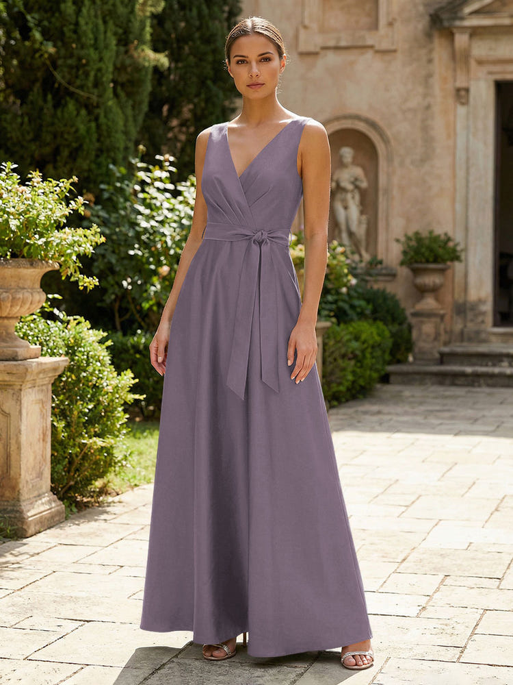 Satin A-Line V Neck Pleated Mother of the Bride Dresses