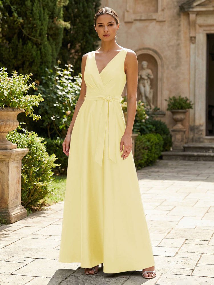 Satin A-Line V Neck Pleated Mother of the Bride Dresses
