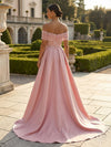 Elegant Satin Sheath Off the Shoulder Lace Applique Evening Dresses with Train