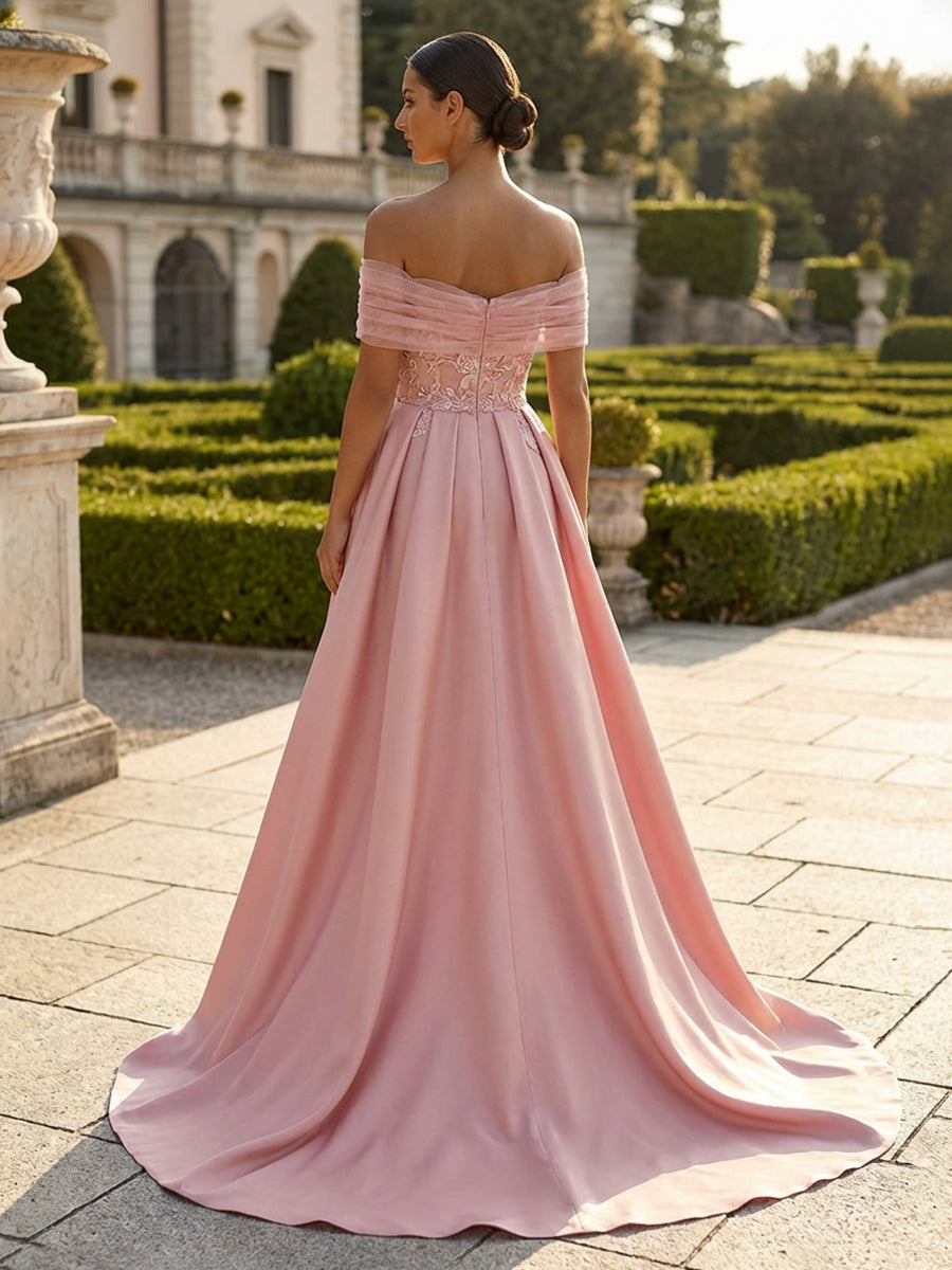 Satin A-Line Off the Shoulder Lace Applique Mother of the Bride Dresses
