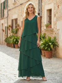 Chiffon A-Line V Neck Tiered Mother of the Bride Dresses