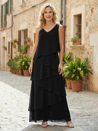 Chiffon A-Line V Neck Tiered Mother of the Bride Dresses