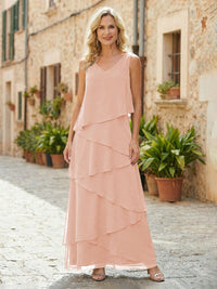 Chiffon A-Line V Neck Tiered Mother of the Bride Dresses