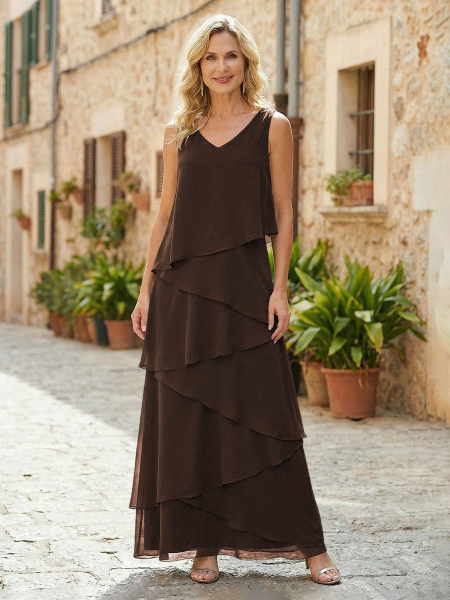 Chiffon A-Line V Neck Tiered Mother of the Bride Dresses