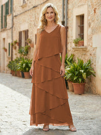 Chiffon A-Line V Neck Tiered Mother of the Bride Dresses