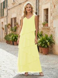 Chiffon A-Line V Neck Tiered Mother of the Bride Dresses