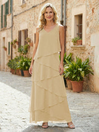 Chiffon A-Line V Neck Tiered Mother of the Bride Dresses