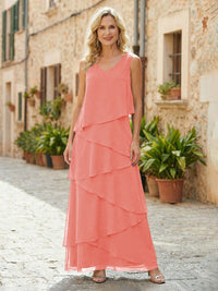 Chiffon A-Line V Neck Tiered Mother of the Bride Dresses