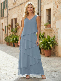 Chiffon A-Line V Neck Tiered Mother of the Bride Dresses