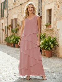 Chiffon A-Line V Neck Tiered Mother of the Bride Dresses
