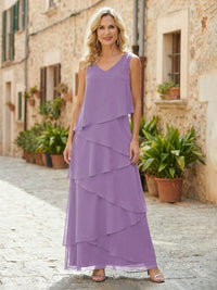 Chiffon A-Line V Neck Tiered Mother of the Bride Dresses