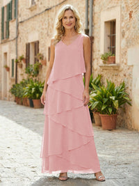 Chiffon A-Line V Neck Tiered Mother of the Bride Dresses