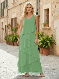 Chiffon A-Line V Neck Tiered Mother of the Bride Dresses