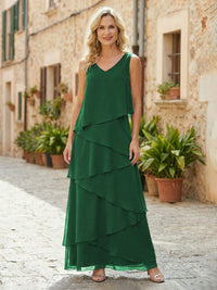 Chiffon A-Line V Neck Tiered Mother of the Bride Dresses